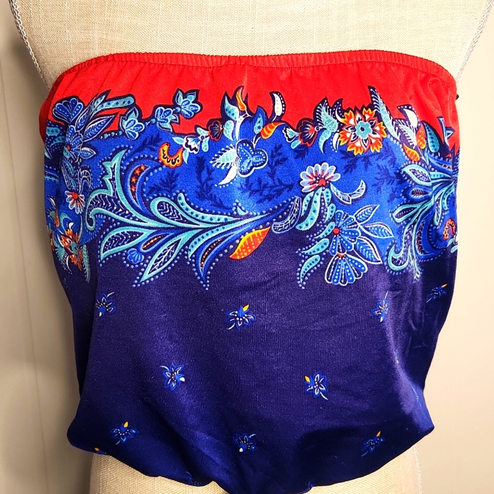 Vintage 70's Rose blue paisley Western Boho tube top swim suit one piece size 14